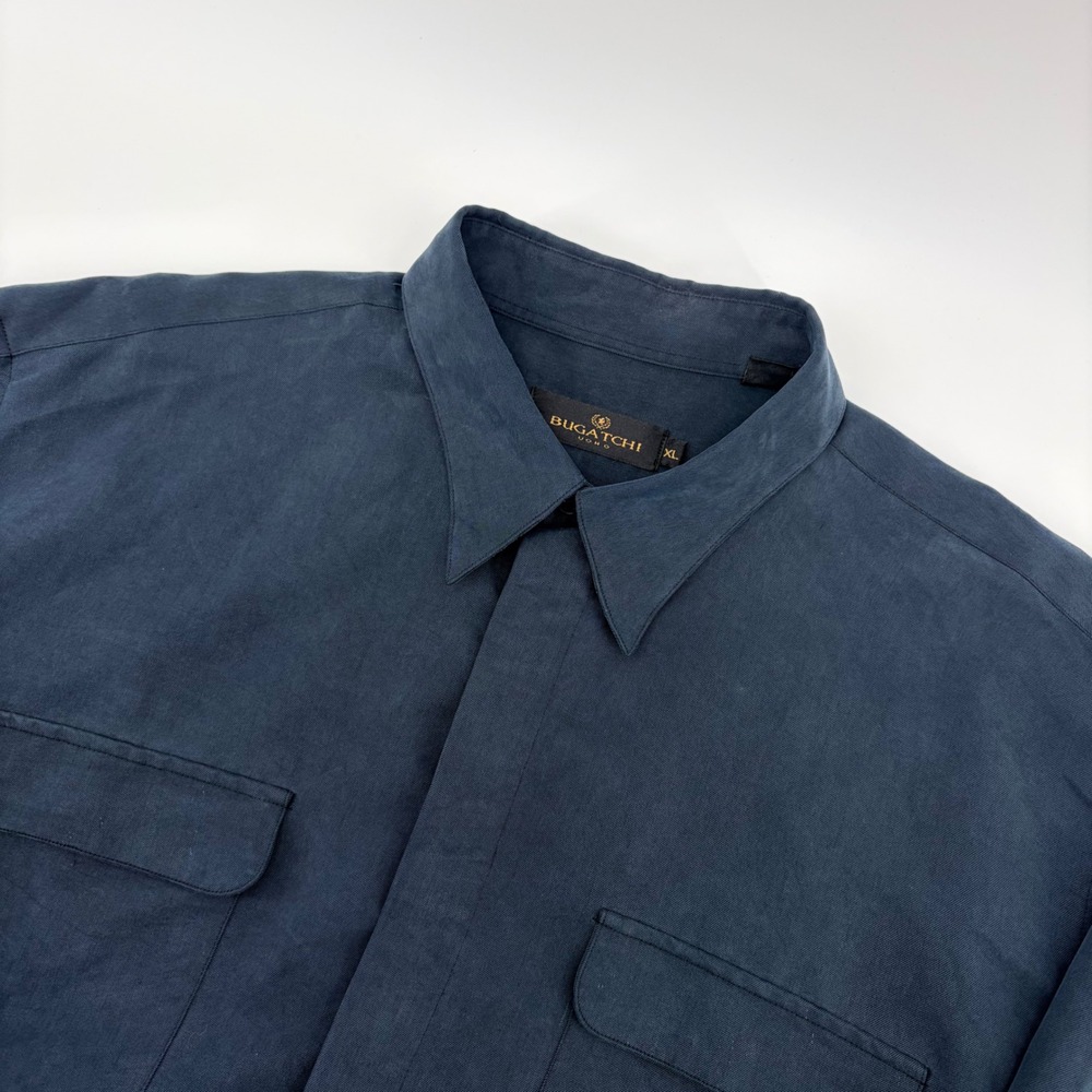 Bugatchi Uomo Button Up Shirt Mens XL Navy Blue Long Sleeve Hidden Placket Twill